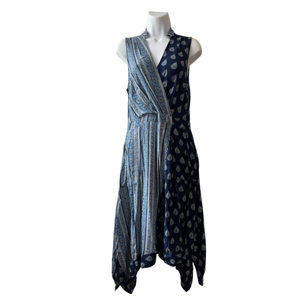 Maeve Dress Womens 8 Navy Paisley Midi V Neck Faux Wrap Handkerchief Flowy Boho